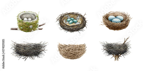 Birds nest hand drawn illustration big set. Watercolor realistic detailed bird natural houses made of sticks, dry grass, straw, branches. Various nests with eggs and empty element collection