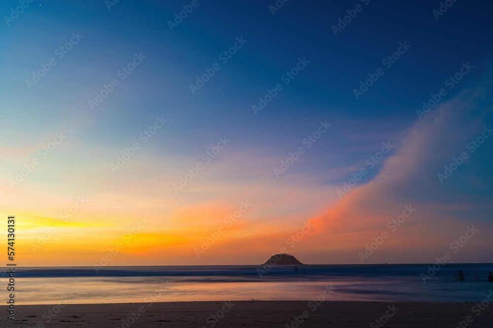 Colorful ocean beach sunrise. Beautiful sunrise on the tropical beach with sky and clouds for travel in holiday relax time