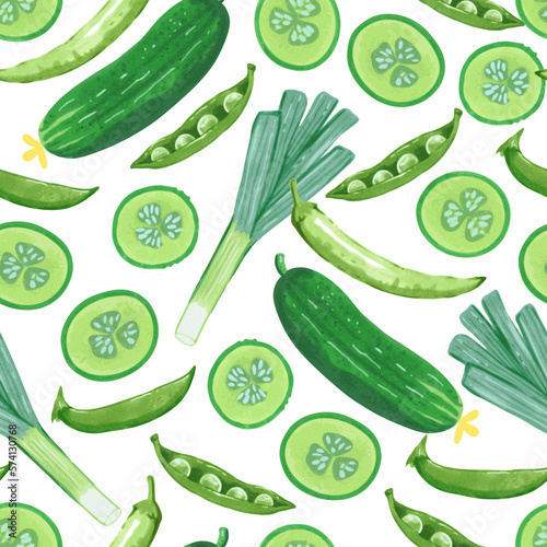 Seamless pattern with cucumber, pea, pepper and leek onion. Vector illustration in hand drawn style.