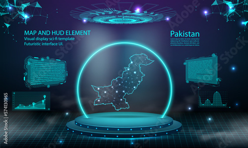 pakistan map light connecting effect background. abstract digital technology UI, GUI, futuristic HUD Virtual Interface with pakistan map. Stage futuristic podium in fog.