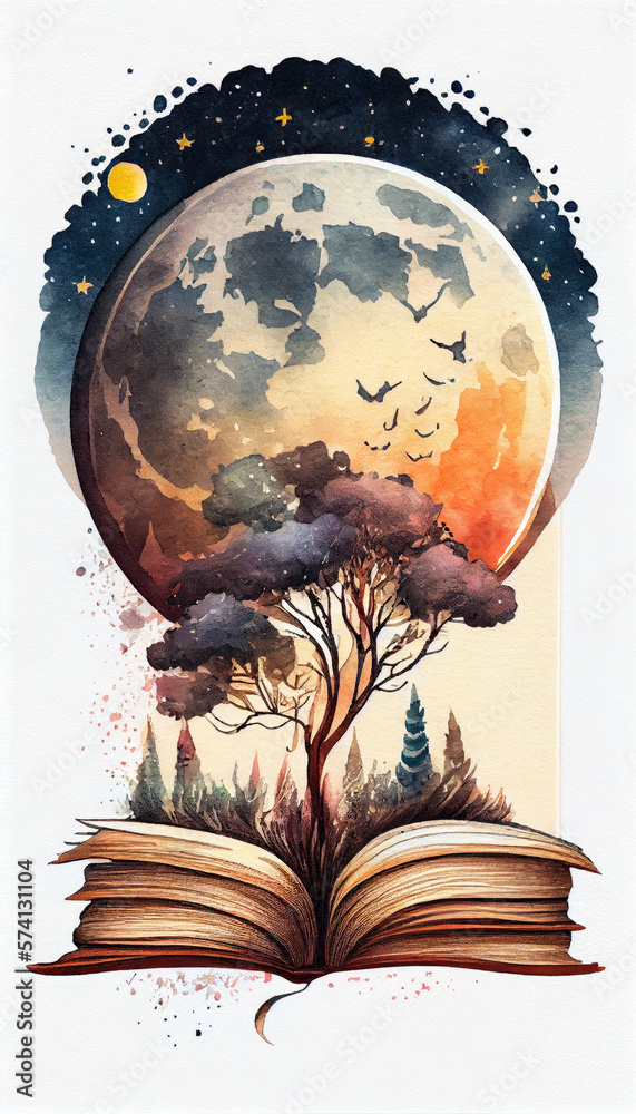 book with moon watercolor created by artificial intelligence tools - obrazy, fototapety, plakaty 