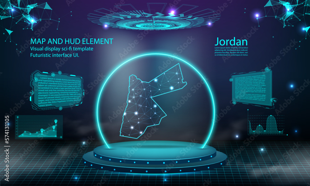 jordan map light connecting effect background. abstract digital technology UI, GUI, futuristic HUD Virtual Interface with jordan map. Stage futuristic podium in fog. jordan map light connecting effect background. abstract digital technology UI, GUI, futuristic HUD Virtual Interface with jordan map. Stage futuristic podium in fog.