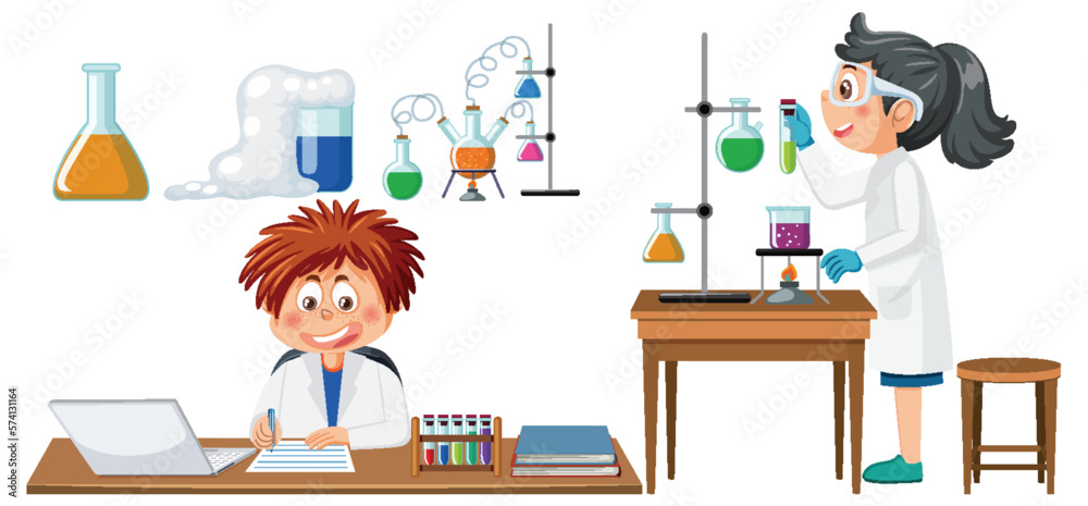 Scientist and student doing chemistry experiment Scientist and student doing chemistry experiment