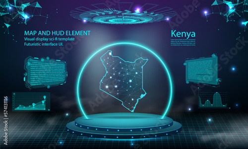 kenya map light connecting effect background. abstract digital technology UI, GUI, futuristic HUD Virtual Interface with kenya map. Stage futuristic podium in fog.