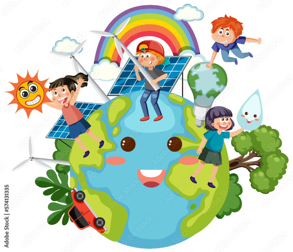 Naklejka premium Children with solar panels and wind turbines