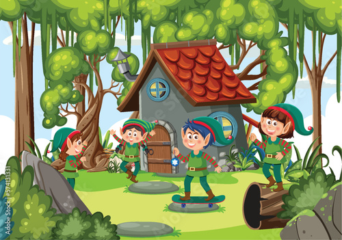 Elves in fairytale forest