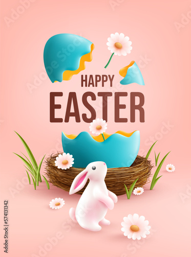 Easter poster and banner template with Easter eggs in the nest and Cute Bunny on light pink background.Greetings and presents for Easter Day.Promotion and shopping template for Easter