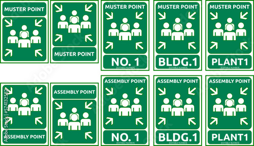 Muster and assembly point label for fire evacuation, vector 
