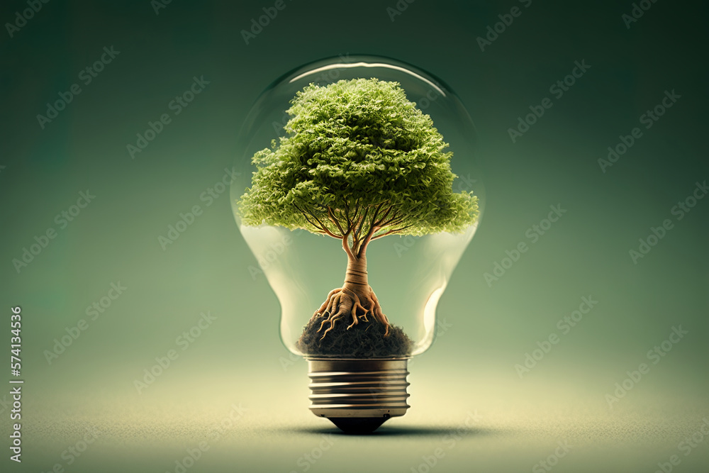 Tree growing in light bulb with sunshine in nature. Saving energy and eco concept. Earth hour. Generative AI. Tree growing in light bulb with sunshine in nature. Saving energy and eco concept. Earth hour. Generative AI.