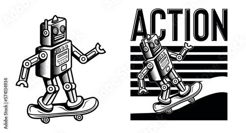 black and white robot skating on a board to take action illustration