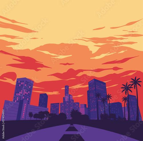 city skyline at sunset landscape illustration