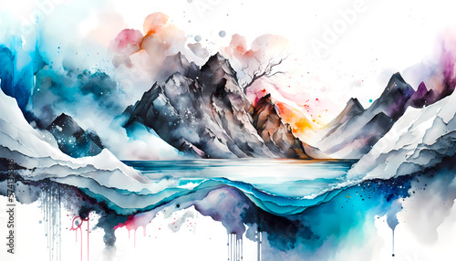 Detailed watercolor sci-fi landscape. Abstract beautiful and intricate watercolor background. Pure white background. AI generative. photo