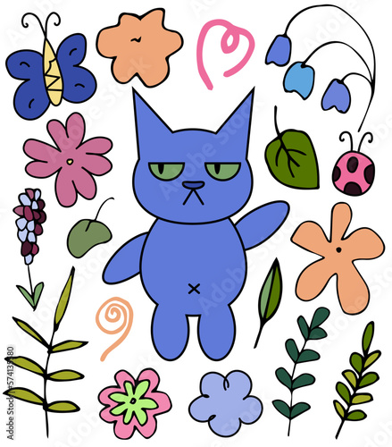 Cute cat with flowers, leaf, doodle stickers, icon collection