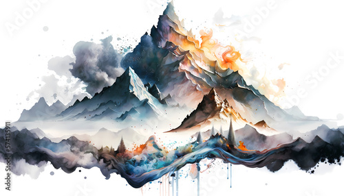 Detailed watercolor sci-fi landscape. Abstract beautiful and intricate watercolor background. Pure white background. AI generative.
