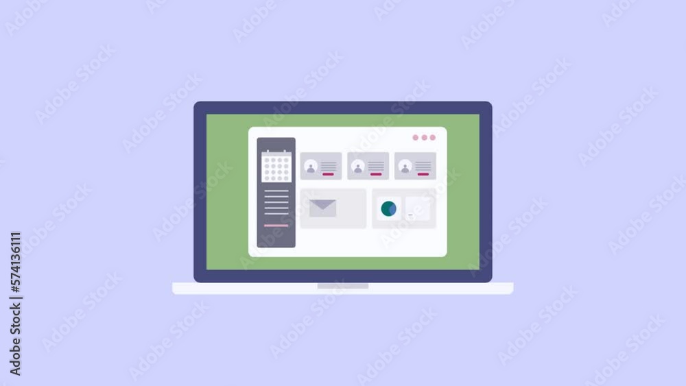 Working with project management software on laptop screen, business planning schedule teamwork conceptual 2d animation video.