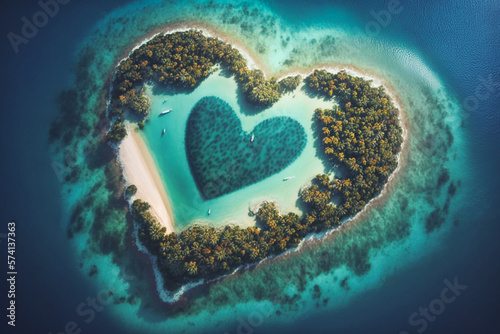 Aerial drone view of heart-shaped center island lit up and white sandy beach ,Generative AI

