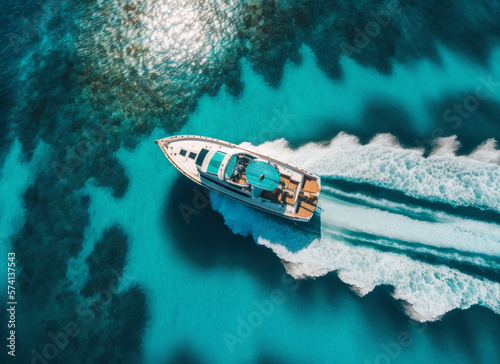 Aerial view of the speed boat in the sea clear blue water ,Generative AI  © minicase