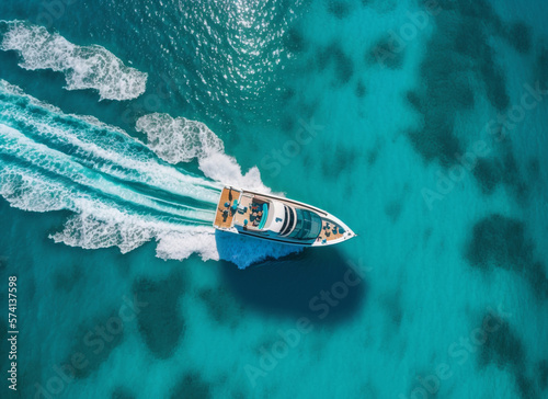 Aerial view of the speed boat in the sea clear blue water ,Generative AI 