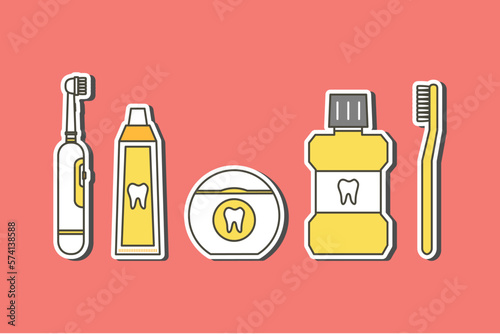 Good friend for tooth have toothbrush, electric toothbrush, toothpaste, floss and mouthwash (good for dental health care and hygiene) - teeth cartoon vector flat style