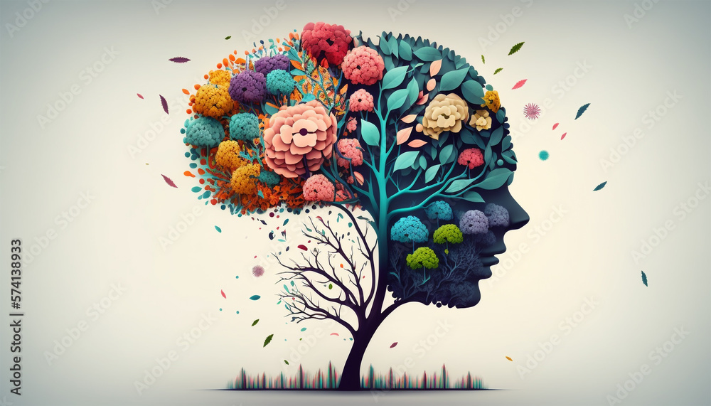Human brain tree with flowers, self care and mental health concept