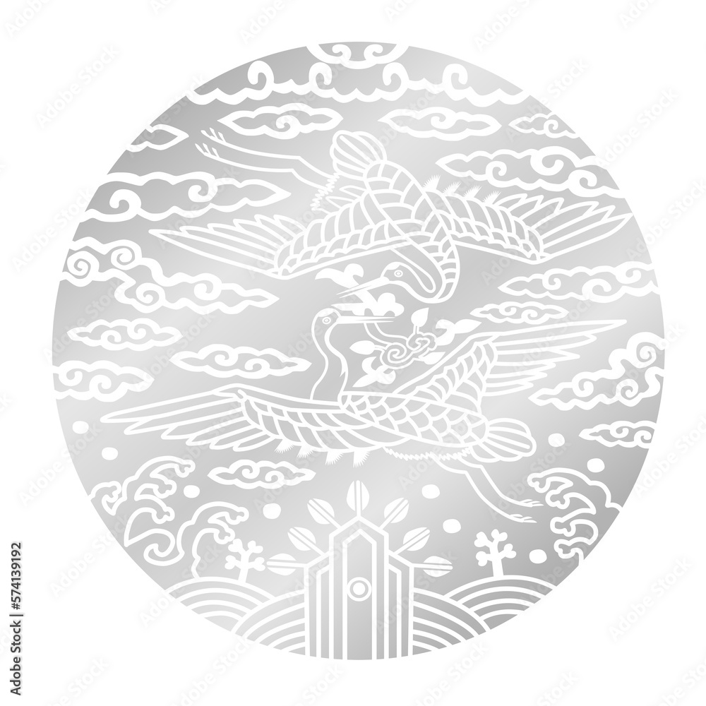 Fototapeta premium Circular crane, cloud, and herb of immortality pattern, which are Korean traditional patterns, 한국전통문양인 원형 학과 구름,불로초 패턴