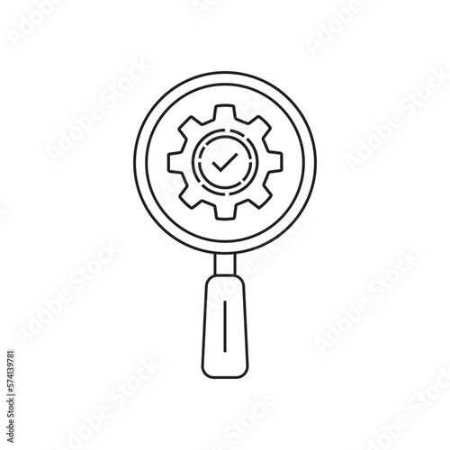 linear gear with magnifying glass like identify icon. stroke trend modern cog wheel logotype graphic design isolated on white. concept of detail diagnose symbol or sufficient assessment in science