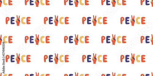 Vector flat hand drawn seamless pattern with peace lettering. Flat vector hippy boho illustration
