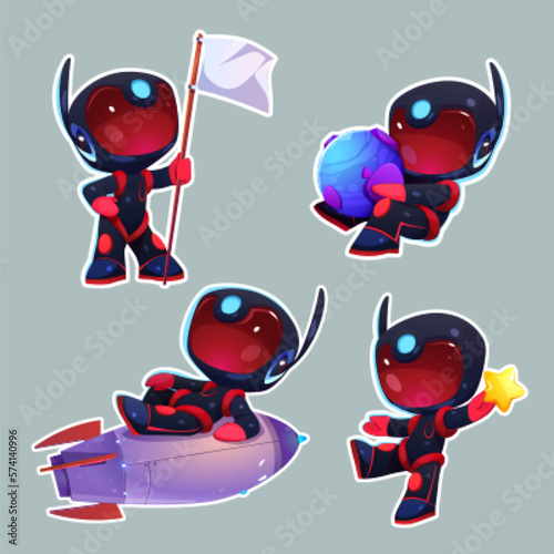 Sticker pack, set of kid astronaut in space cartoon vector illustration. Isolated spaceman on rocket, hold planet isolated. Cute black robot with white flag and star. Funny rpg galaxy asset design.