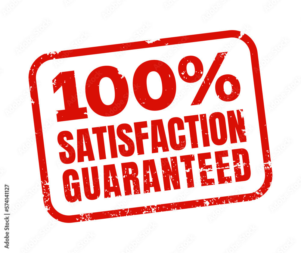 100 Percent Satisfaction Guaranteed in Grunge Red Frame Rubber Stamp Design. Logo. Seal. Stamp. Vector