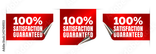 100 Percent Satisfaction Guaranteed Label Badge design in Realistic Red folding ribbons, tags and stickers. Vector illustration