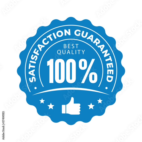 Seal of 100 Percent Satisfaction Guaranteed in Blue Circle and Thumb Icon. Grunge Rubber Texture Stamp. Logo. Sticker. Vector illustration