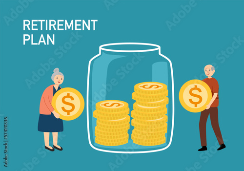 Retirement plan concept vector illustration. Wealthy retired couple putting dollar coins in glass jar in flat design. Pension rich.