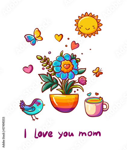Kawaii vector illustration for Mothes day in rainbow colors. Cartoon cup of coffee or tea, pot with house plant flower and heart, floral bouquet, sun, cute bird. card design with text I love you mom