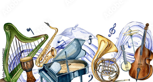 Fotografia Board of musical instruments and note wave watercolor illustration isolated on white