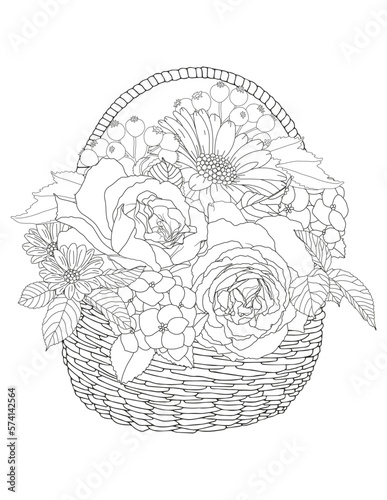  Vector bouquet of flowers in a wicker basket. Coloring book antistress for adults basket with flowers 