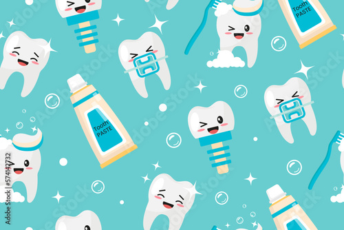 Funny Seamless Pattern, concept of Health and care for children's Teeth. Kawaii characters. For your design of packaging, wallpaper, paper, fabric, wrapper. Vector illustration.