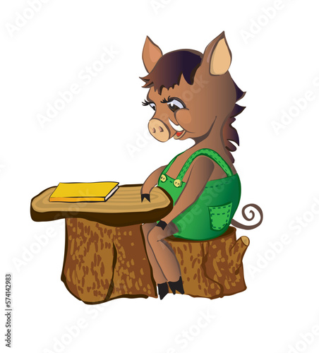 Pig sits at a school desk