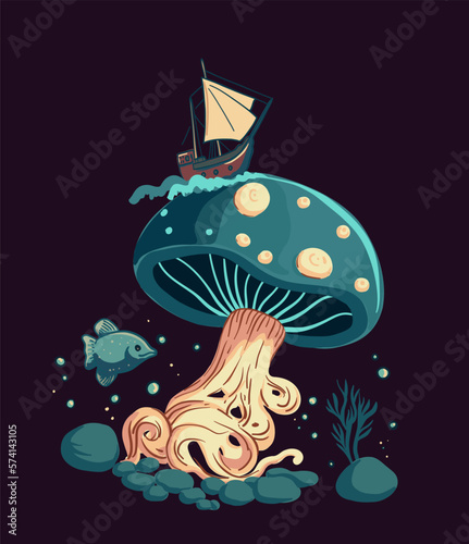 Sea mushroom with sail boat unusual design. Underwater mystery undersea fungi magical plant and ocean fish. Bizzarre strange cartoon drawing photo