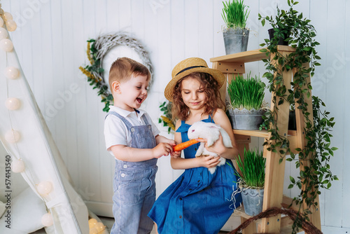 Cute kids feeding white rabbit carrots indoor learning to take care of an animals. Happy childhood  photo