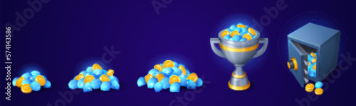 Pile of gold coin and gem for game bundles. Store packages for fantasy market interface. Set of brilliant png bonus in goblet and safe. Luxury currency for magic shop in app purchase.