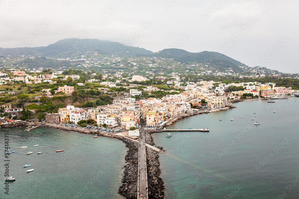 Landscape of Ischia, Italy from the viewpoint of Castello Aragonese d'Ischia, of Ischia Ponte and coastline with boats