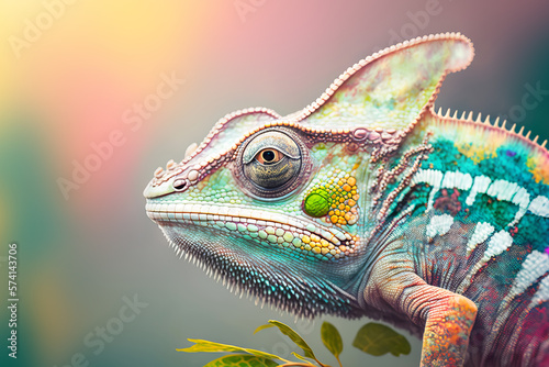 Close-up portrait of a chameleon with bright exotic skin in colorful colors. Generative AI illustration