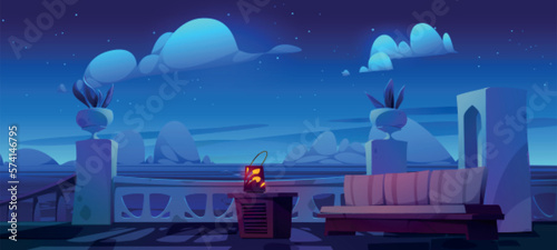 Sofa on terrace near sea night view cartoon background illustration. Mediterranean hotel balcony with ocean view on skyline. Empty panorama landscape from patio. Lounge design for vacation on coast.