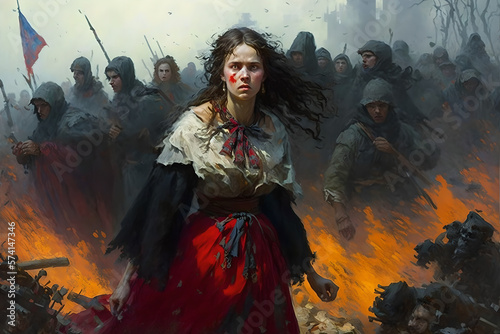A young lady, considered a witch in medieval times, is standing in front of a burning village, ready to use her powers to defeat the sources of evil and the enemy soldiers who burn and turture people photo