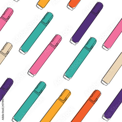 Seamless pattern of multicolored markers on a white background. The design of the marker icon symbol. Drawing a marker in one line. Vector illustration