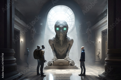 A museum showing a display of ancient aliens that once visited our planet, amazing and futuristic, huge sculptures, men and other aliens come to visit and see