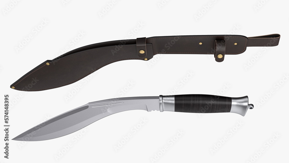 Modern Kukri knife with a leather scabbard. 3D rendering Modern Kukri knife with a leather scabbard. 3D rendering