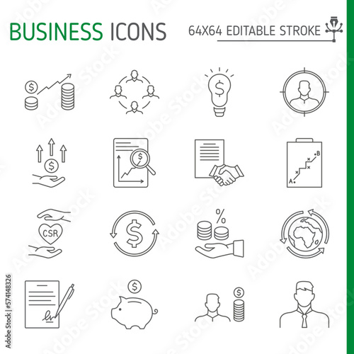 Business line icon set, finance vector collection, logo illustrations, business vector icons, outline style pictogram pack, editable stroke icons.