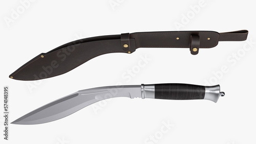Modern Kukri knife with a leather scabbard. 3D rendering