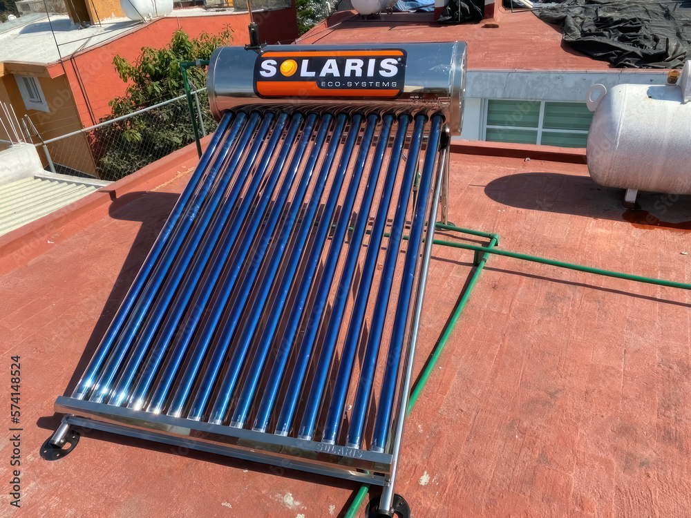 Mexico City, Mexico. Feb 21, 2023. A Solar water heater of 15 tubes with  capacity of 173 litres of waterstainless steel water heater. Stock Photo |  Adobe Stock